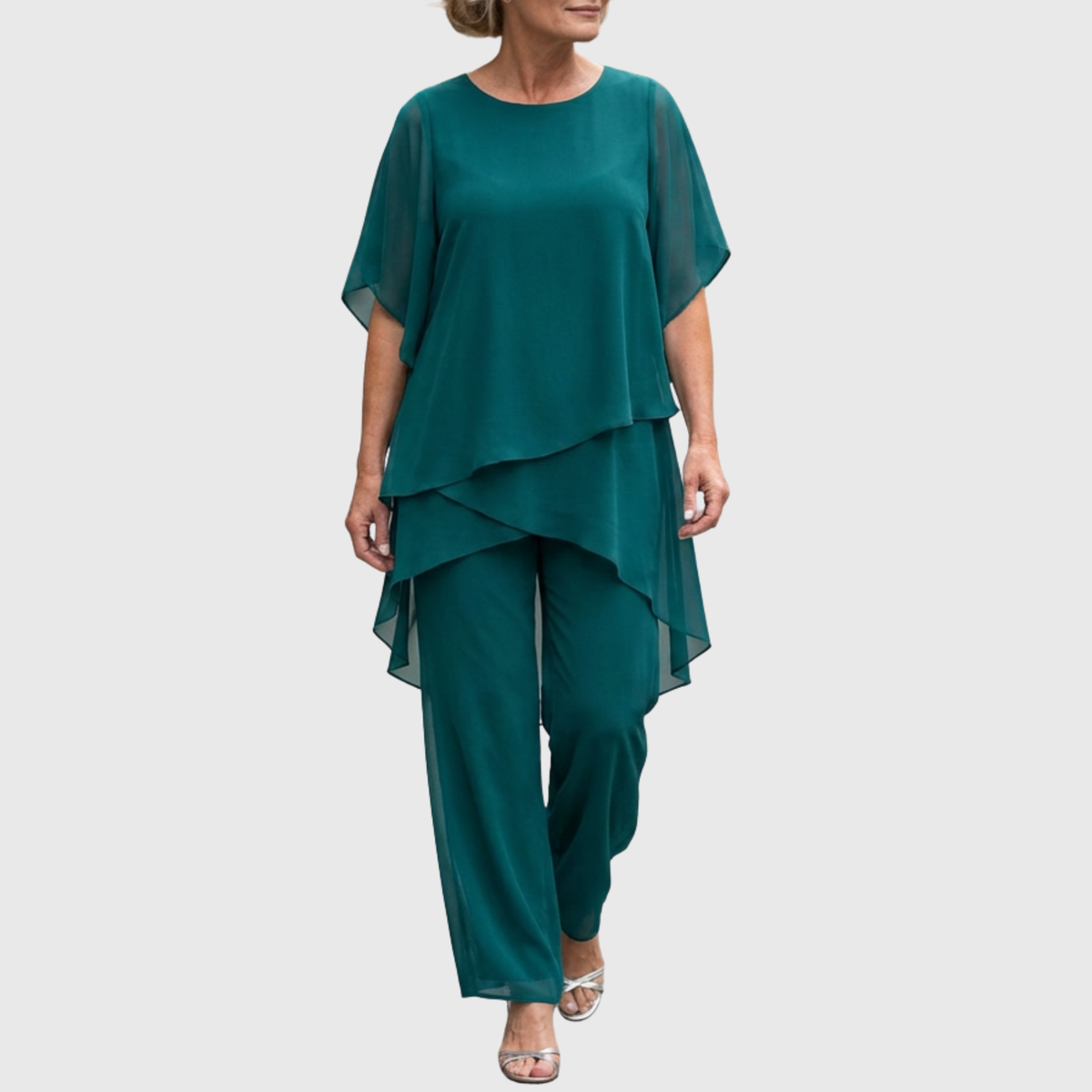 Layered Chiffon Cape Top and Wide Leg Pants Two Piece Set