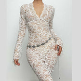 Lace see through long sleeve v neck solid maxi dress 2