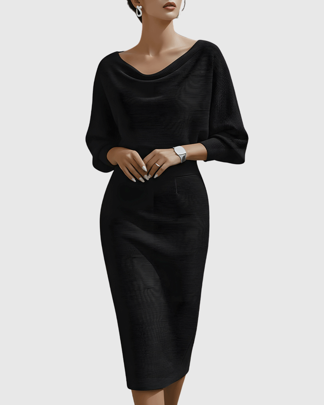 Off Shoulder Long Sleeve Ribbed Knit Bodycon Midi Dress