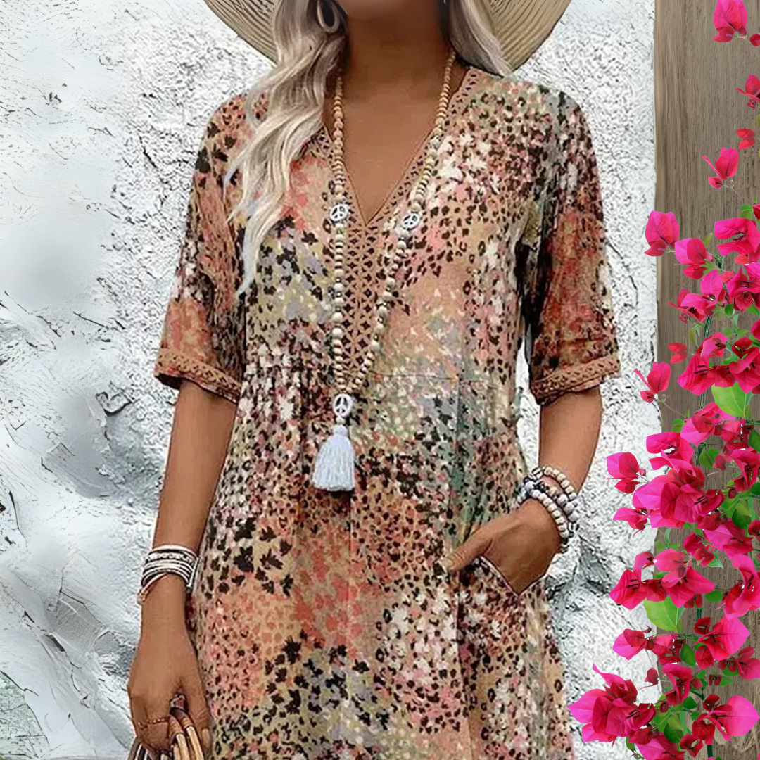 Animal Print V-Neck Short Sleeve Tiered Midi Dress