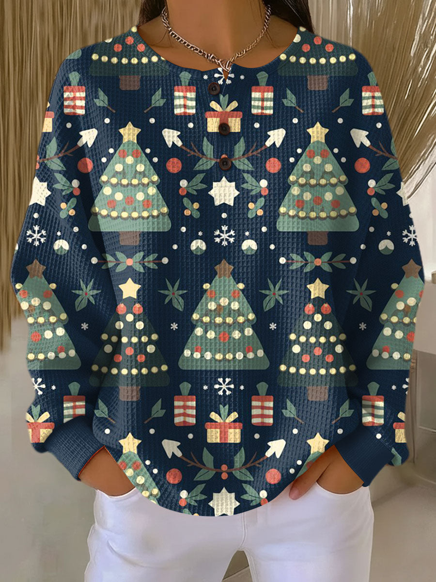 Christmas Tree Print Waffle Knit Button Neck Sweatshirt
