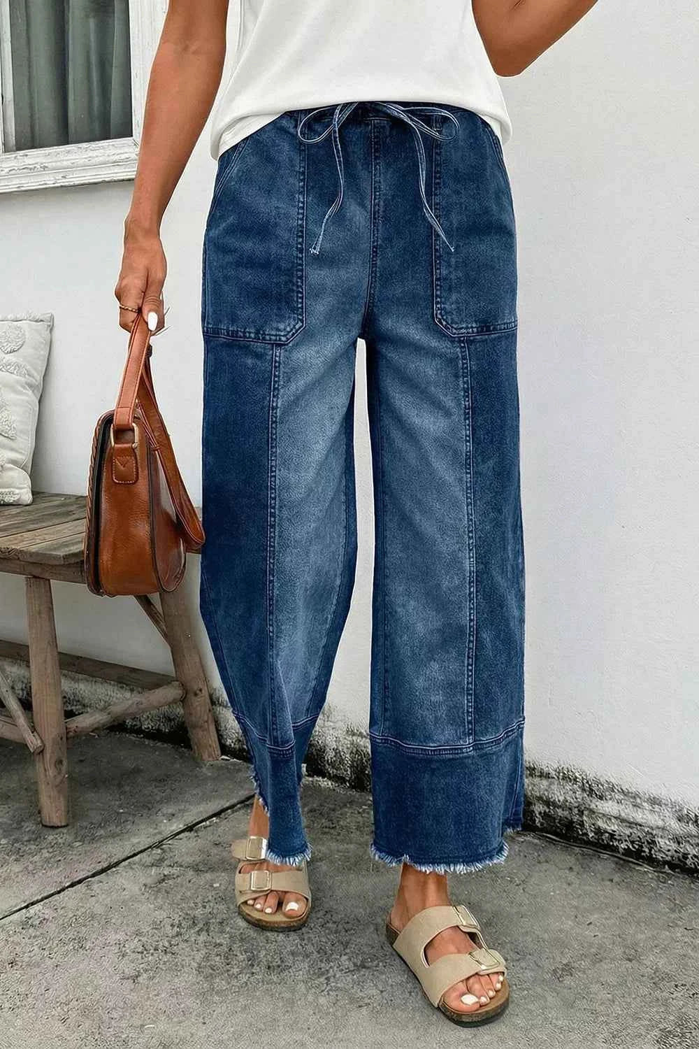 Drawstring Seam Detail Raw Hem Wide Leg Denim Pants