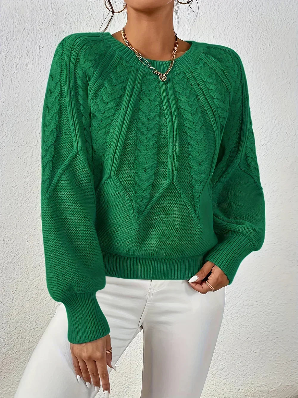 Crew Neck Cable Knit Long Sleeve Sweater