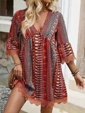 Boho Print Deep V-Neck Lace Trim Mini Dress 10