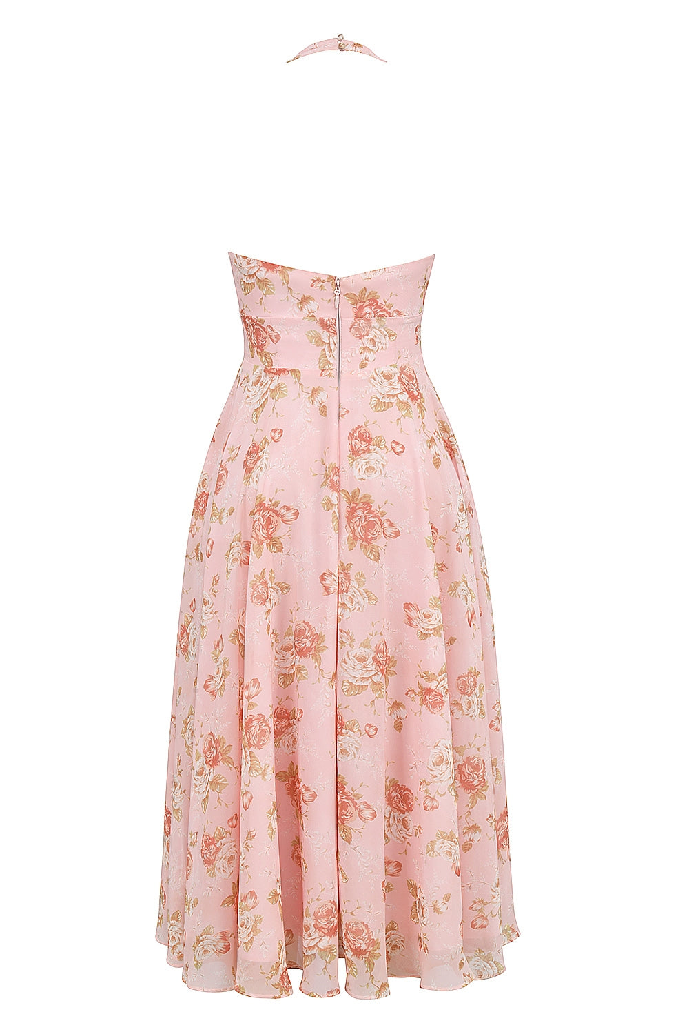 Rose Print Georgette Halter Plunge Full Skirt Midi Dress 12