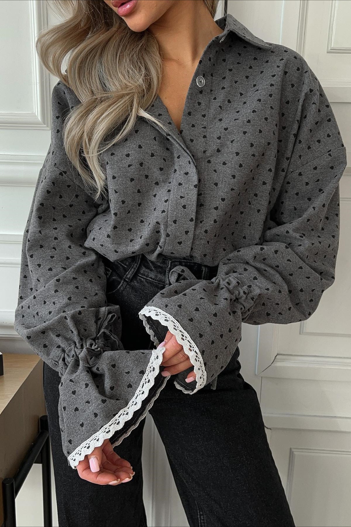 Heart Print Collared Lace Trim Flared Cuff Oversized Shirt