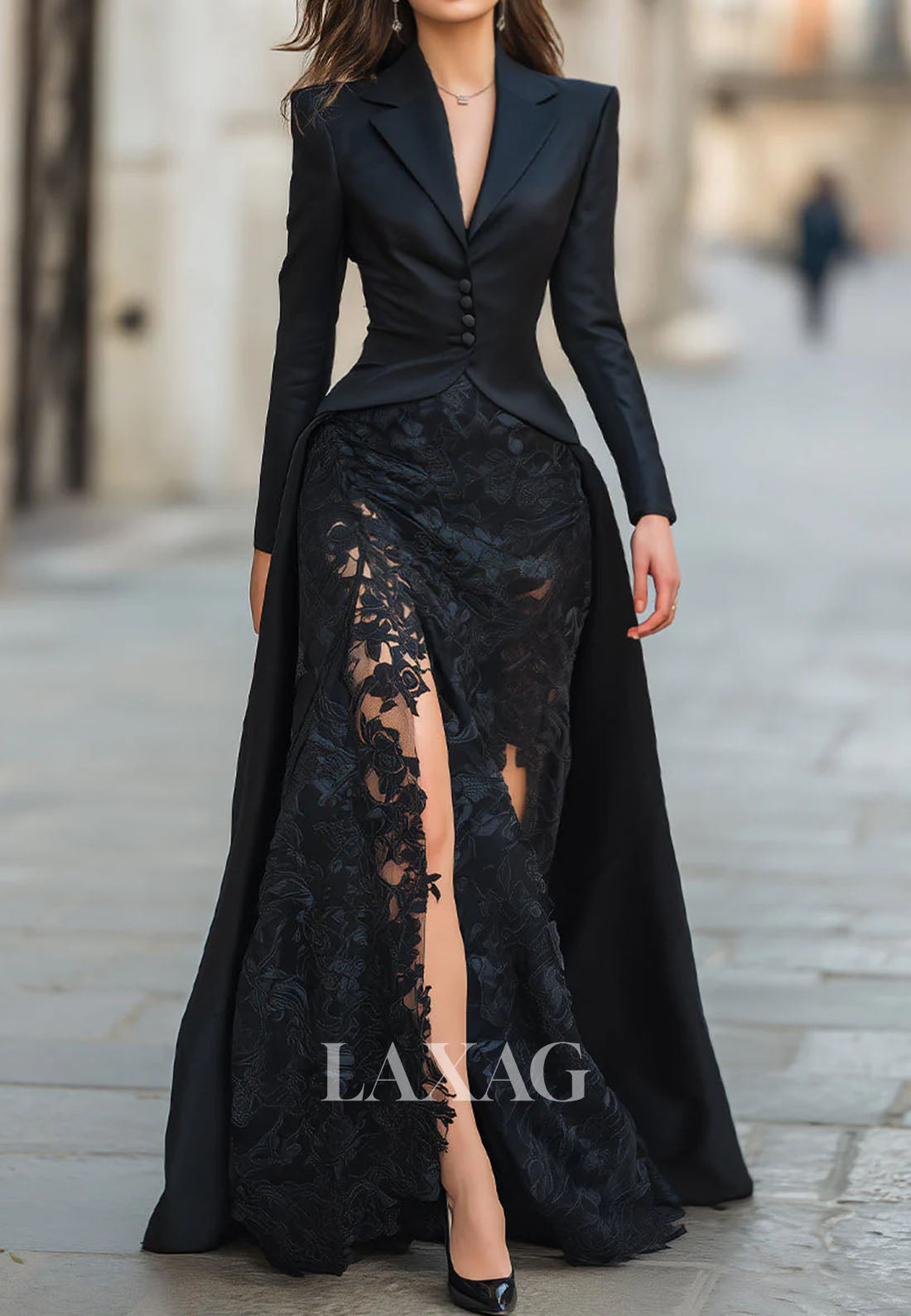 Deep V-Neck Long-Sleeves Satin&Lace Floor-Length Mermaid Evening Dress with Train