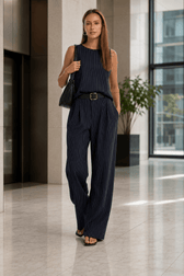 Stripe Crew Sleeveless High Waist Wide Leg Work Set