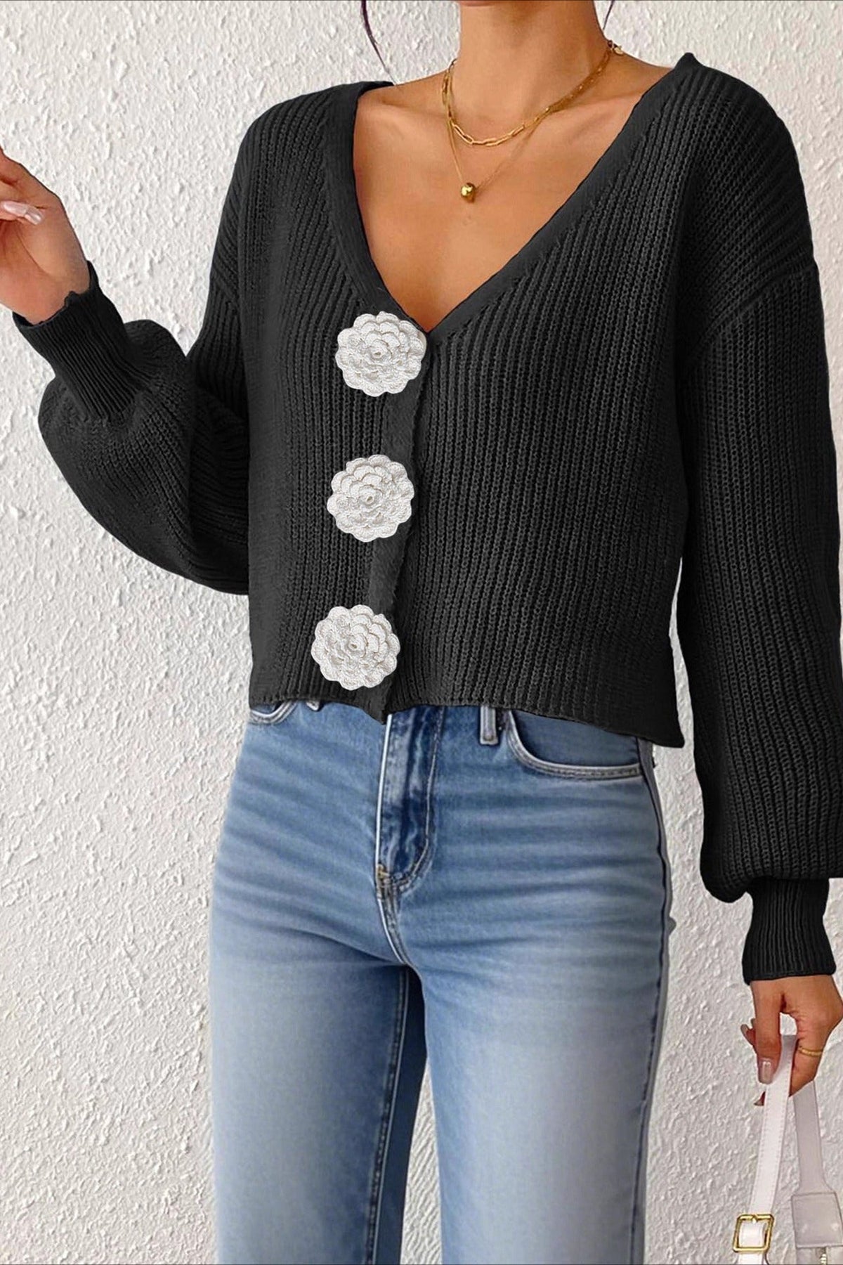 V-Neck Crochet Flower Button Front Ribbed Knit Cropped Cardigan