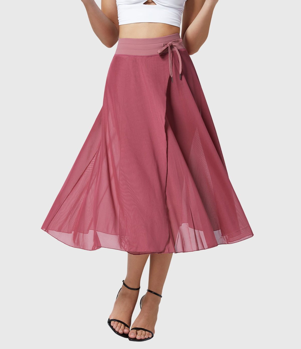 High Waist Drawstring Front Slit A-Line Midi Skirt