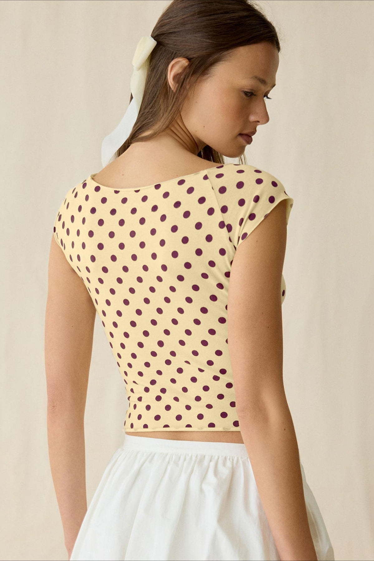 Polka Dot Boat Neck Cap Sleeve Fitted Crop Top 2