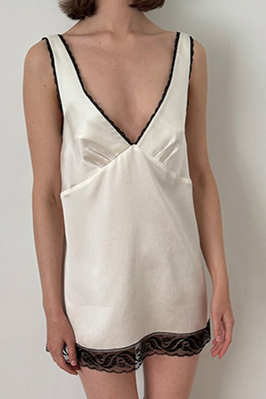 V-Neck Lace Cami Panel Ruffle Mini Lace Dress