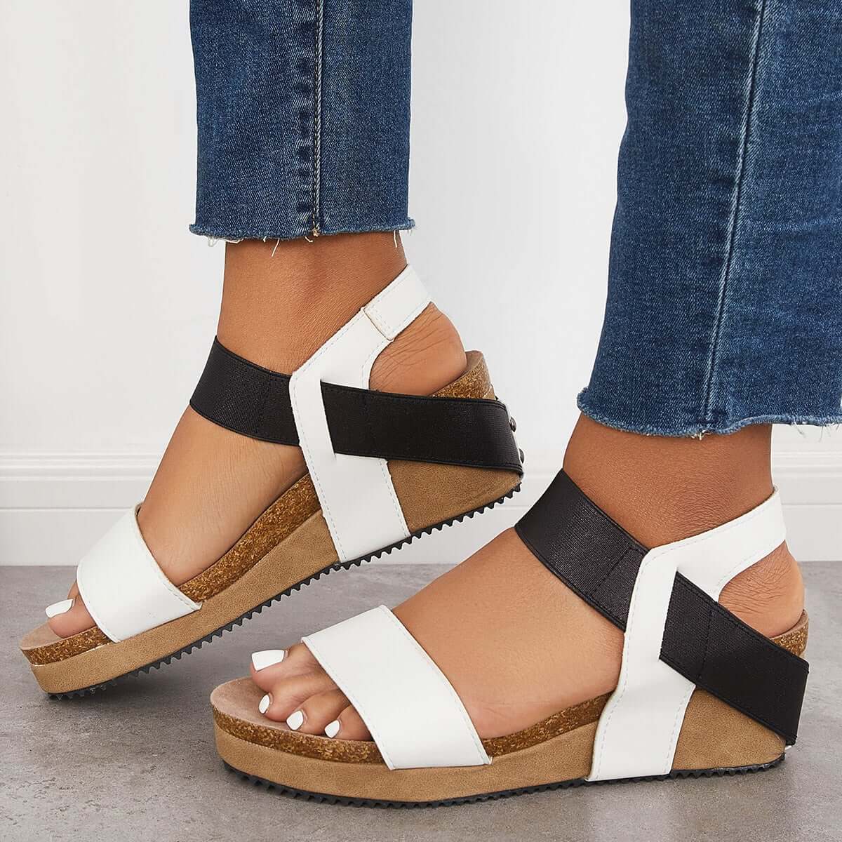 Open Toe Cork Footbed Platform Wedges Ankle Strap Sandals