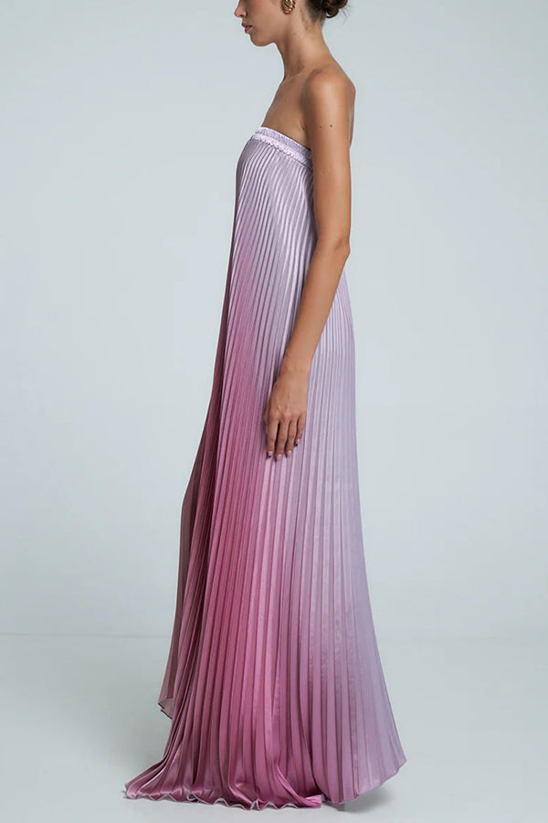 Strapless Ombre Satin Pleated Loose Fit Maxi Dress 11