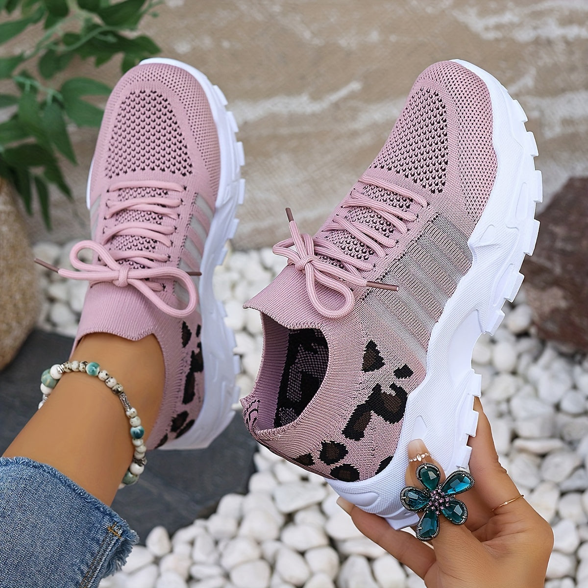 Lace Up Leopard Print Knit Chunky Sneakers