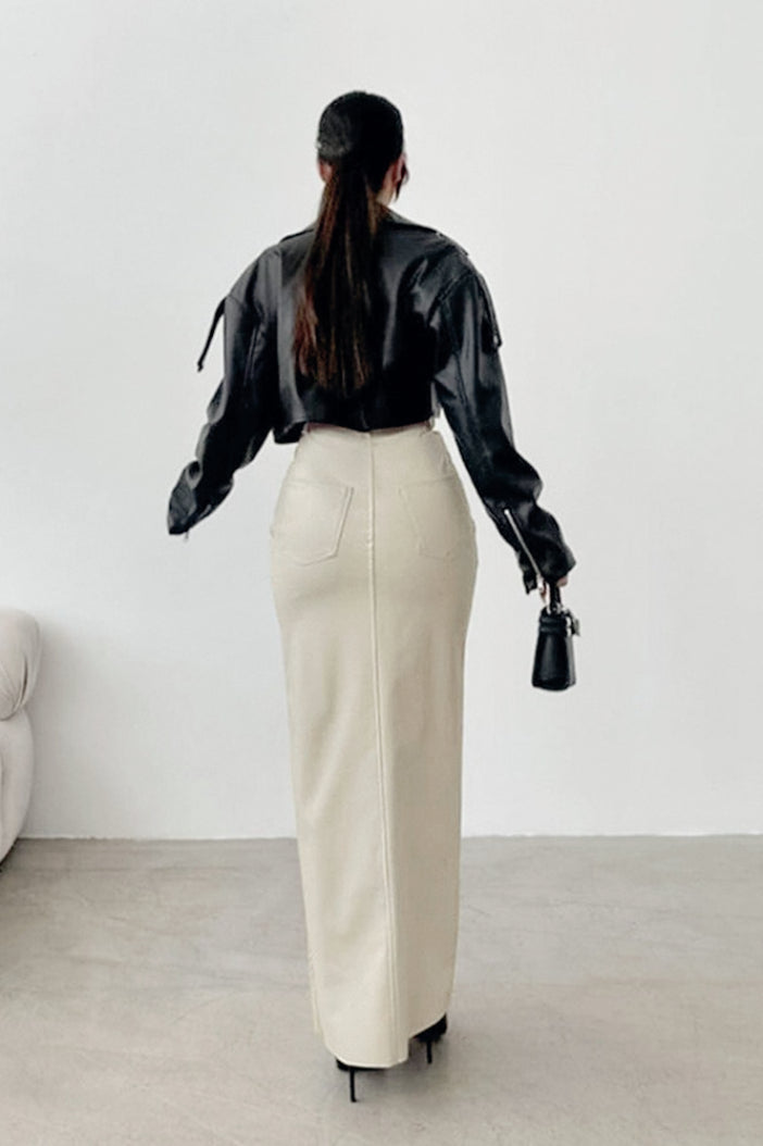 Solid Leather High Waist Slit Skirt