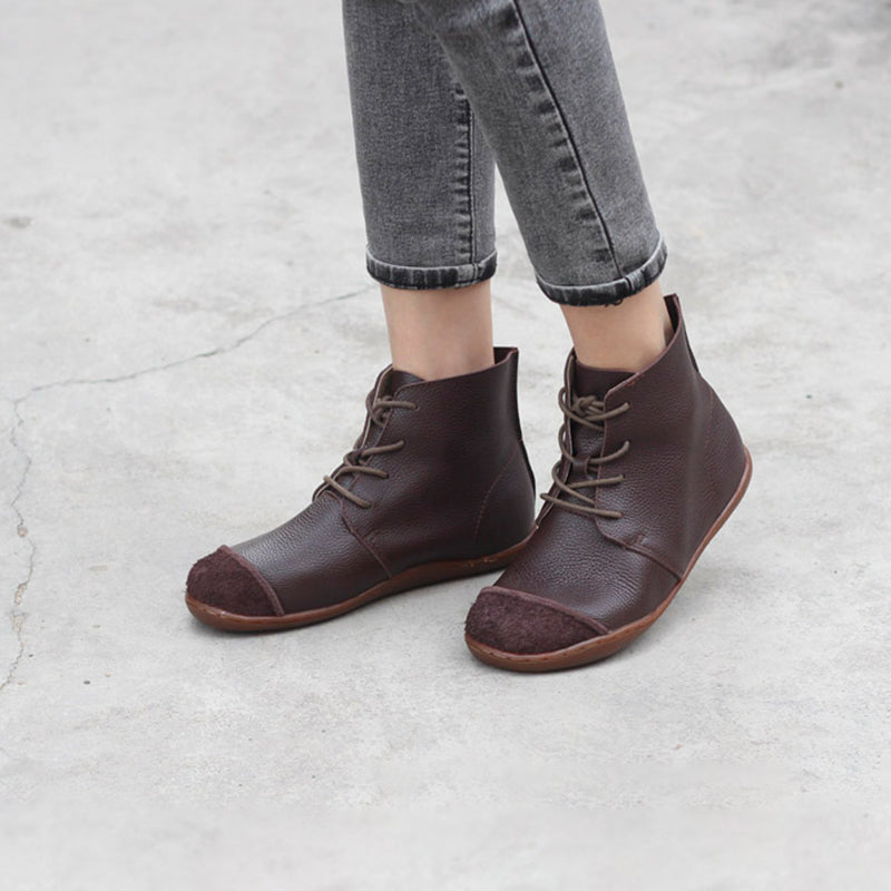 Nubuck Leather Ankle Booties Handmade Low-Heel Mori Girl Shoes Boots Coffee