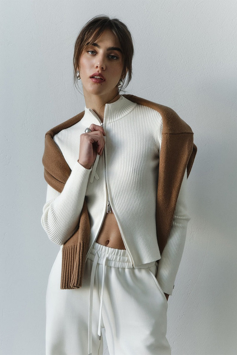 Mock Neck Long Sleeve Two Way Zip Front Ribbed Knit Cropped Cardigan