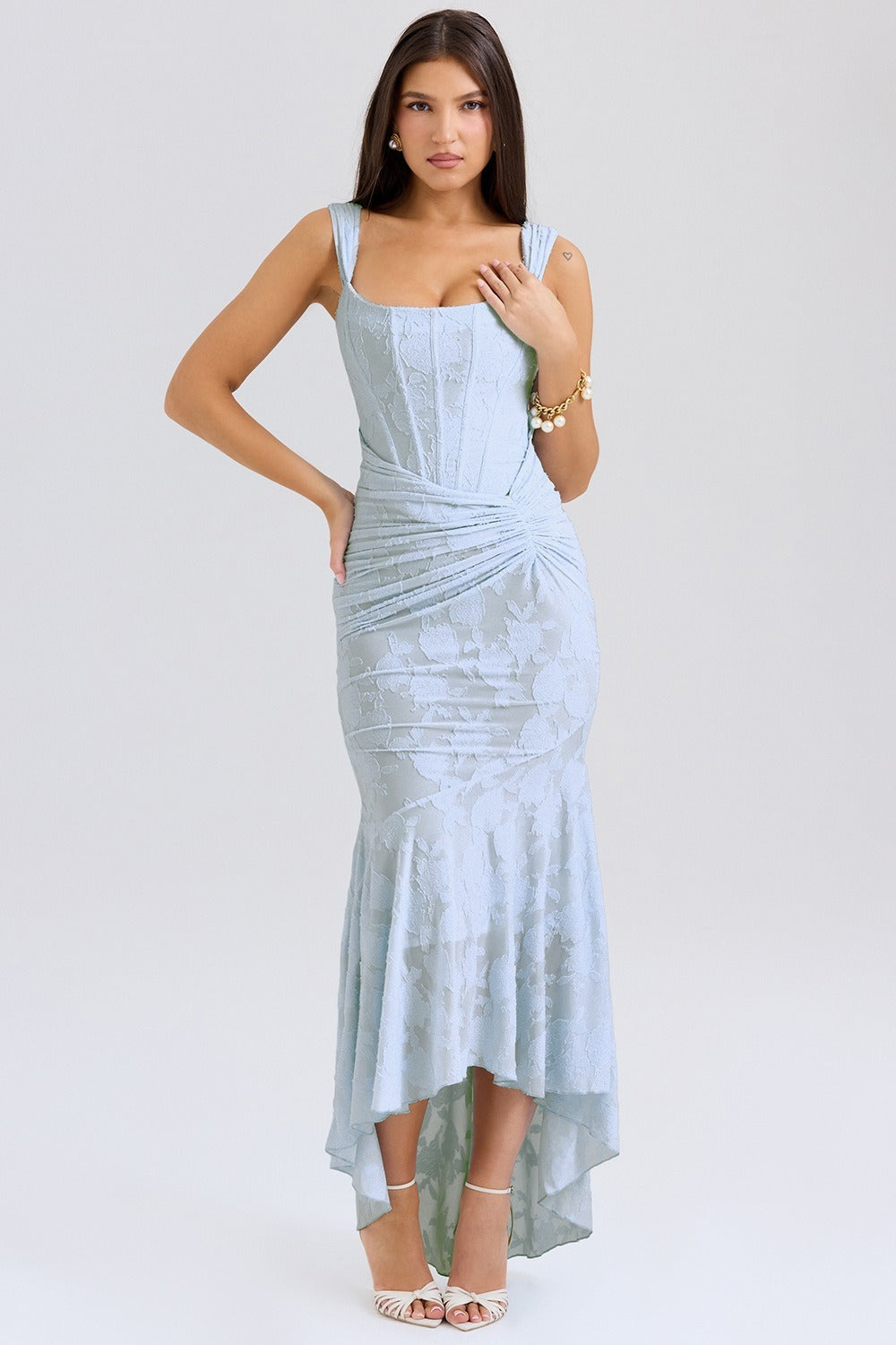 Jacquard Square Neck Corset Ruched Mermaid Gown