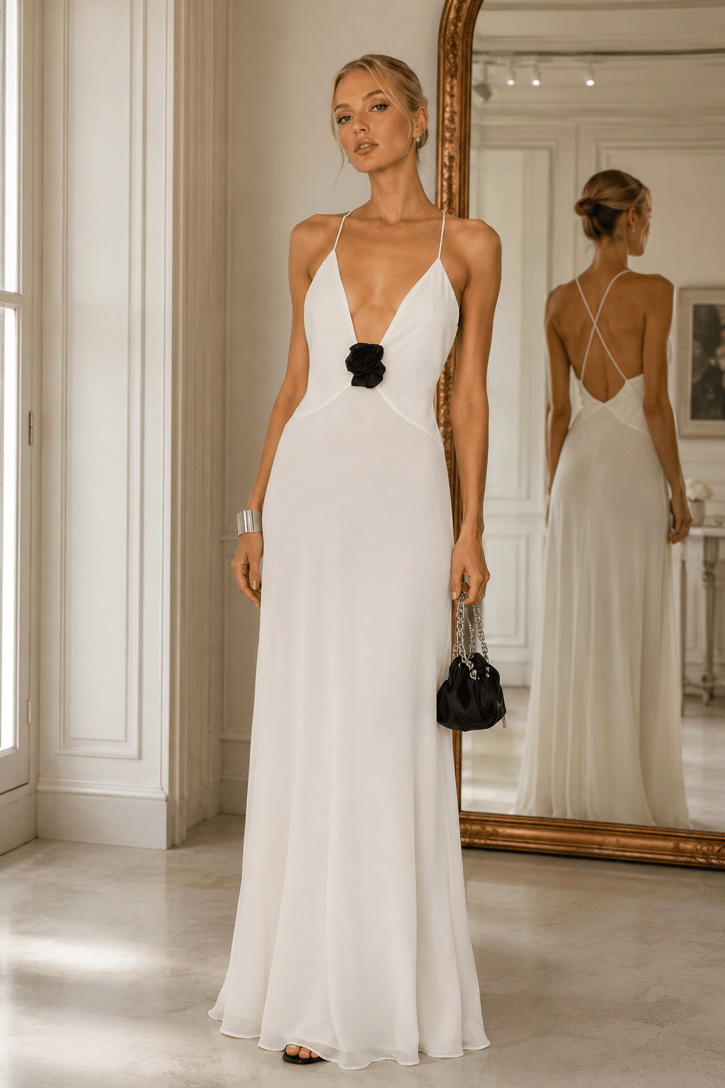 V Neck Panel Open Back Chiffon Maxi Slip Dress