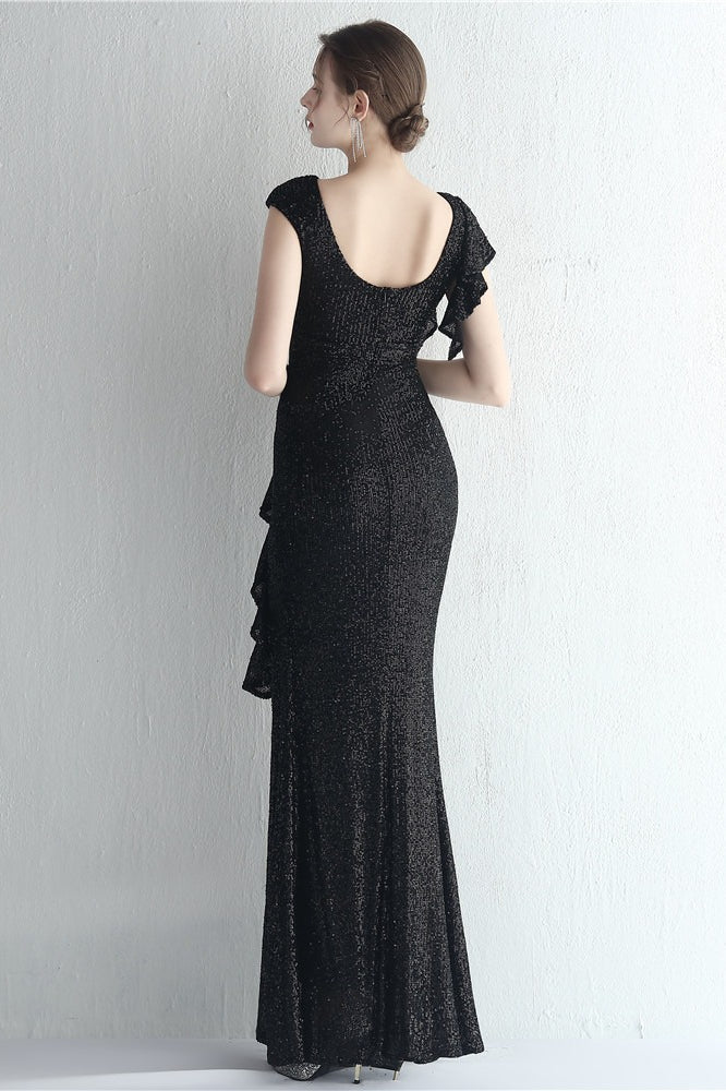 Sequin High Neck Cap Sleeve Ruffle High Split Mermaid Gown