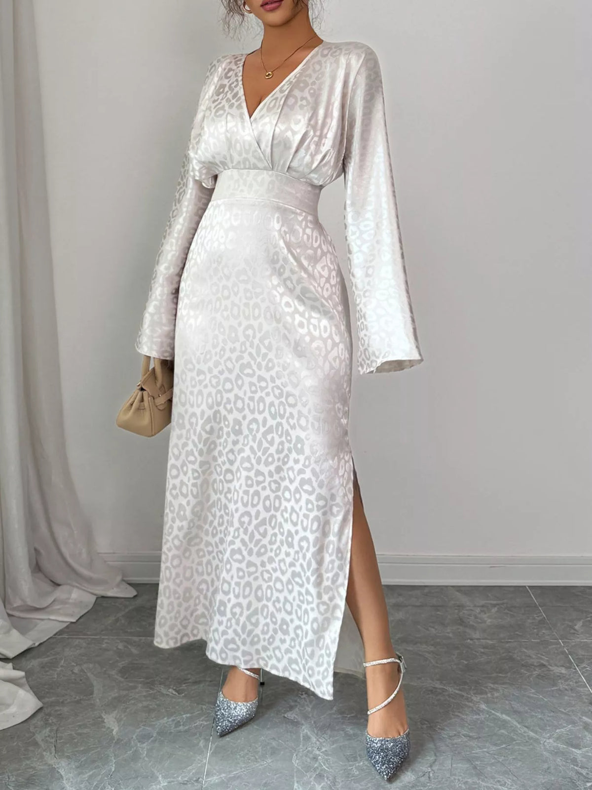 Leopard Satin Jacquard Surplice Long Sleeve Side Split Maxi Dress 2