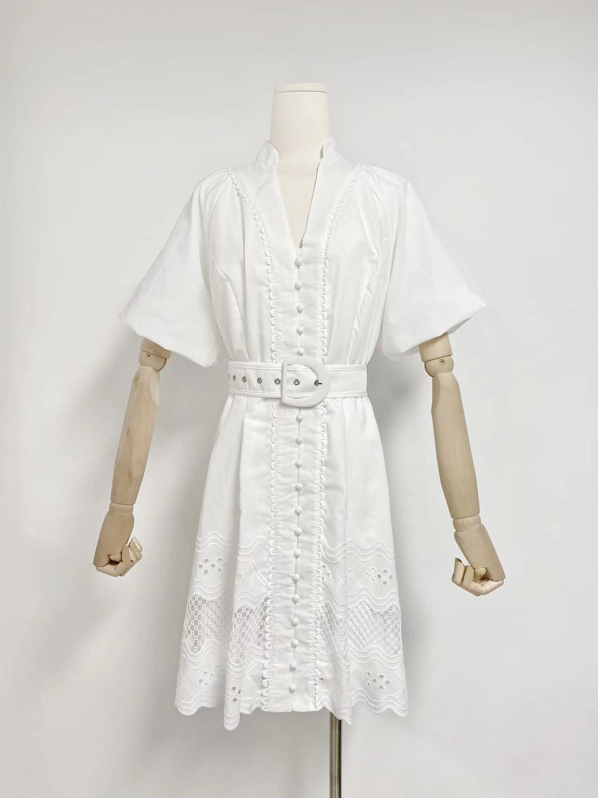 V-Neck Puff Sleeve Belted Button Front Eyelet Lace Mini Dress 9