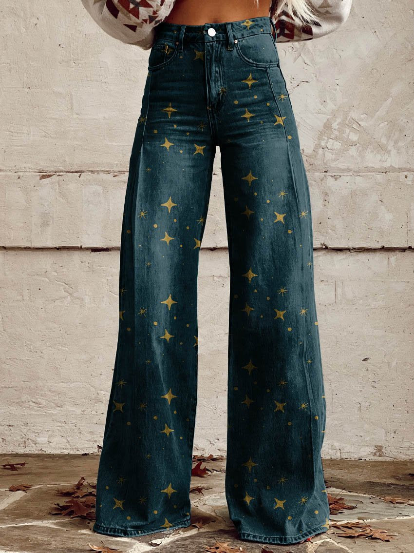 Star Print High Waist Wide Leg Jeans