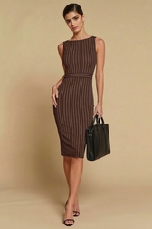 Striped Slit Waist Cinched Sleeveless Work Dress