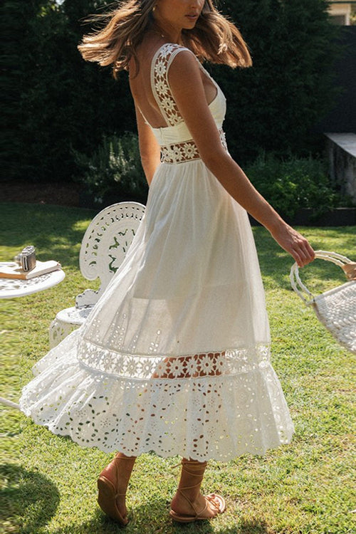 Square Neck Sleeveless Eyelet Lace Crochet Waist Pleated Tiered Ruffle Hem Midi Dress