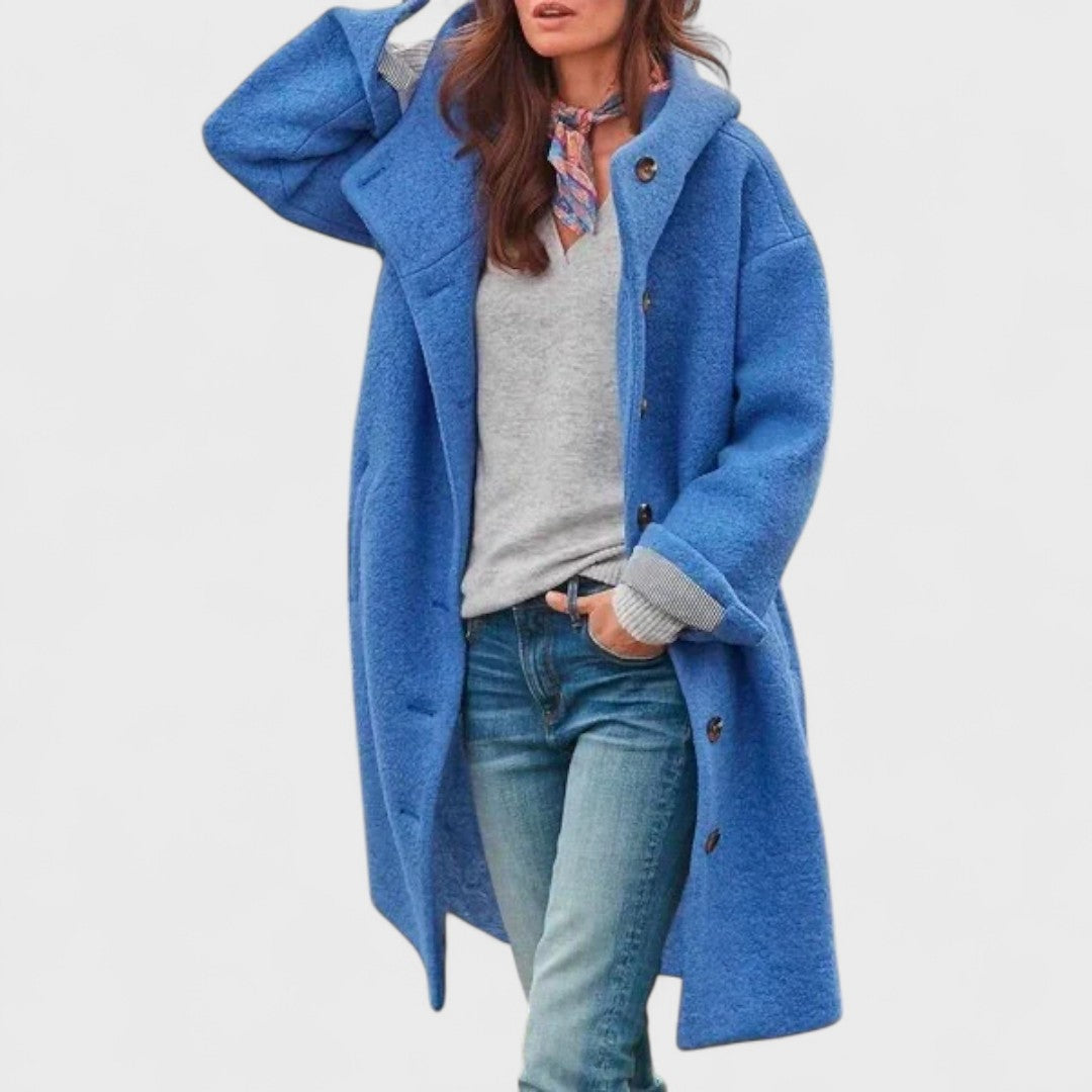 Hooded Button Front Longline Wool Blend Coat