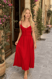 Red V-Neck Camisole Midi Dress