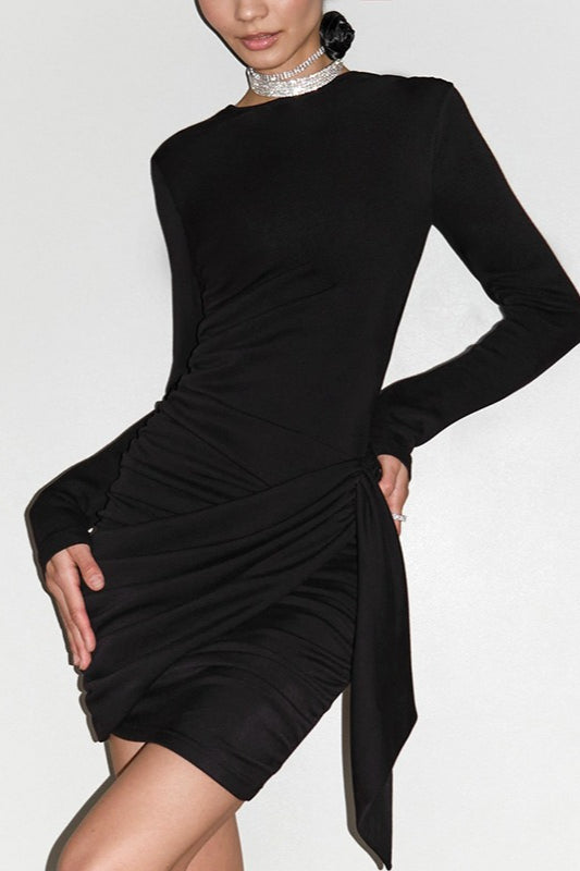 Crew Neck Long Sleeve Ruched Wrap Hip Knot Bodycon Mini Cocktail Dress
