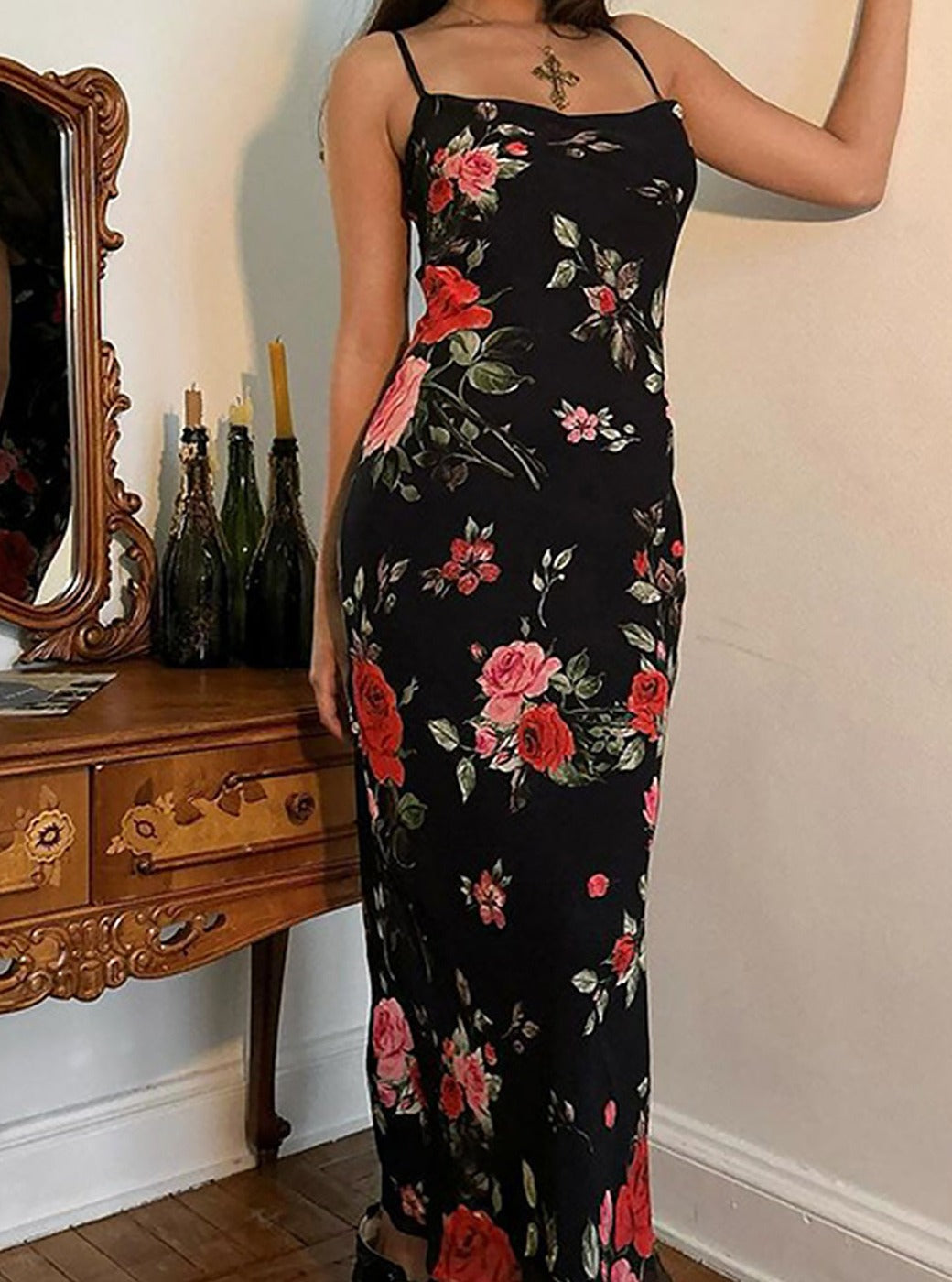 Rose Floral Print Mesh Cowl Neck Spaghetti Strap Maxi Dress 2