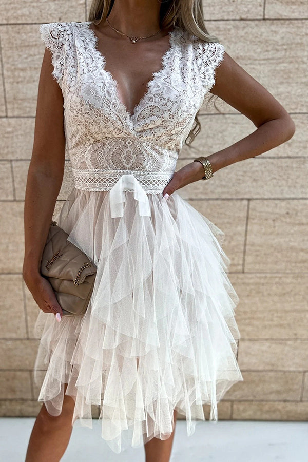 Gabriela Timeless Open-Shoulder Layered Lace Midi Dress with V Neck Evening Wear Edit