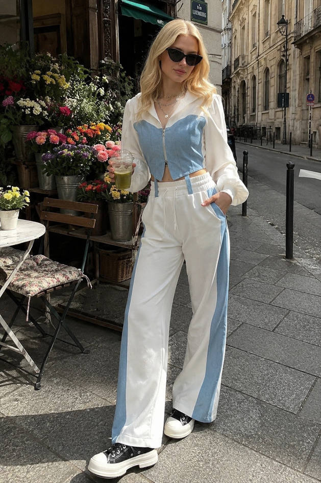 Color Block Casual Hoodie Denim Two Piece Pants Set