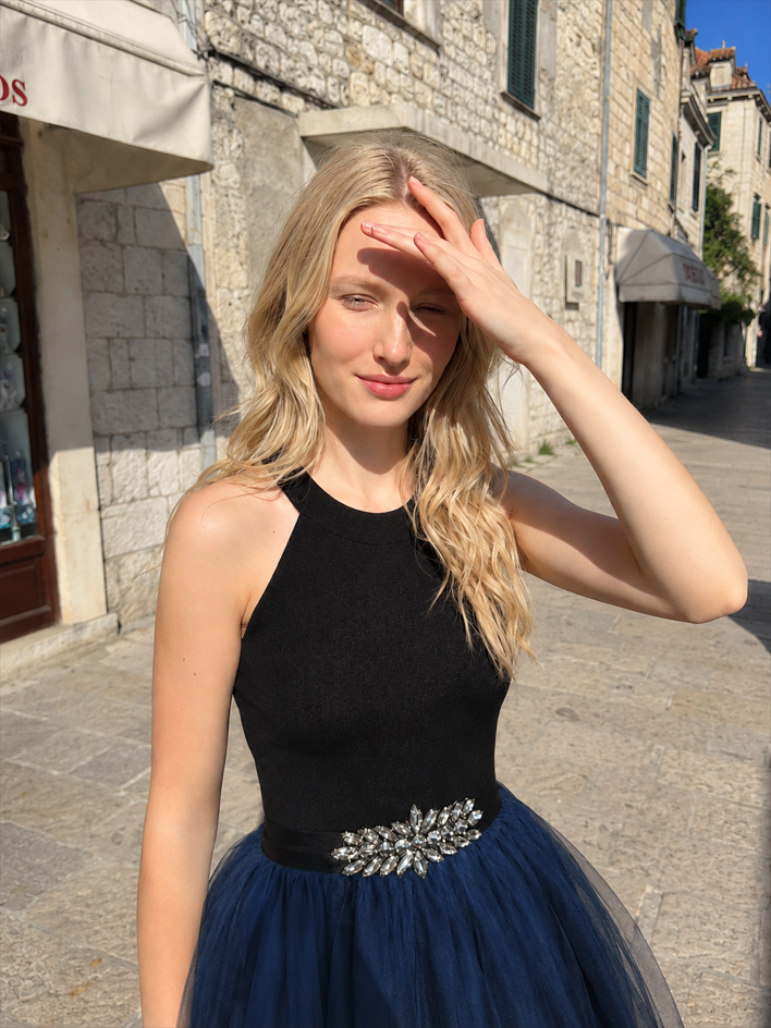 High-Waist Pleated Denim Mini Skort