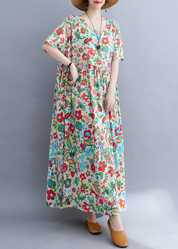 Floral Graphic Print Round Neck Short Sleeve Empire Waist Babydoll Maxi Dress