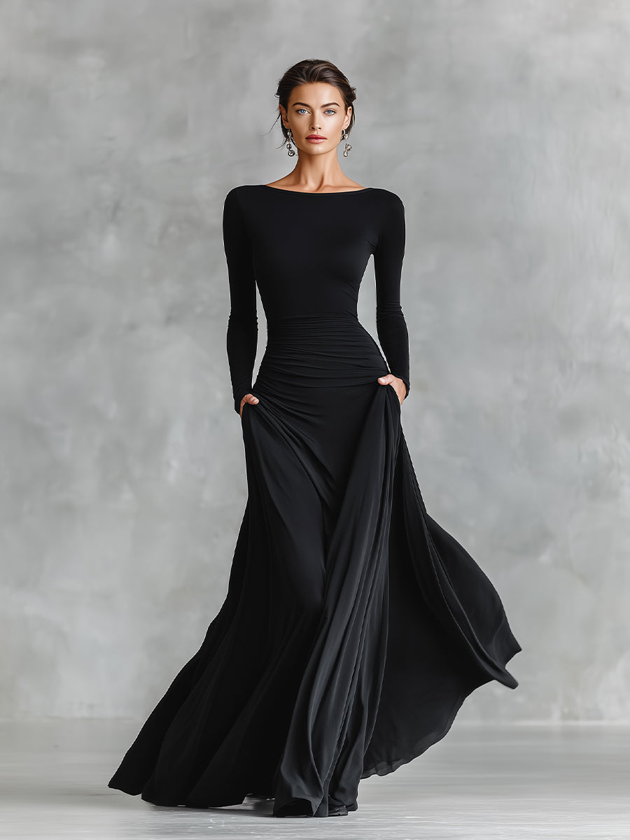 Boat Neck Long Sleeve Ruched Maxi Gown