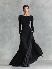 Boat Neck Long Sleeve Ruched Maxi Gown