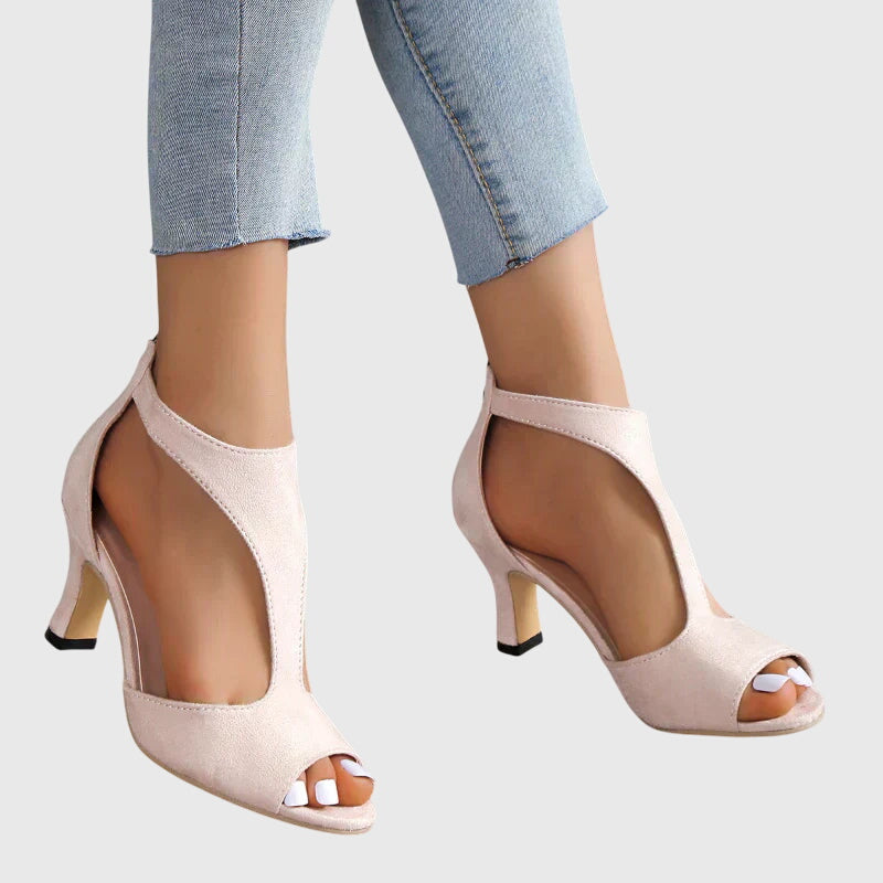 Peep Toe Cut Out Suede Look Block Heel Sandals