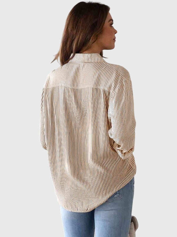 Striped Collared Three Quarter Sleeve Button Front Shirt