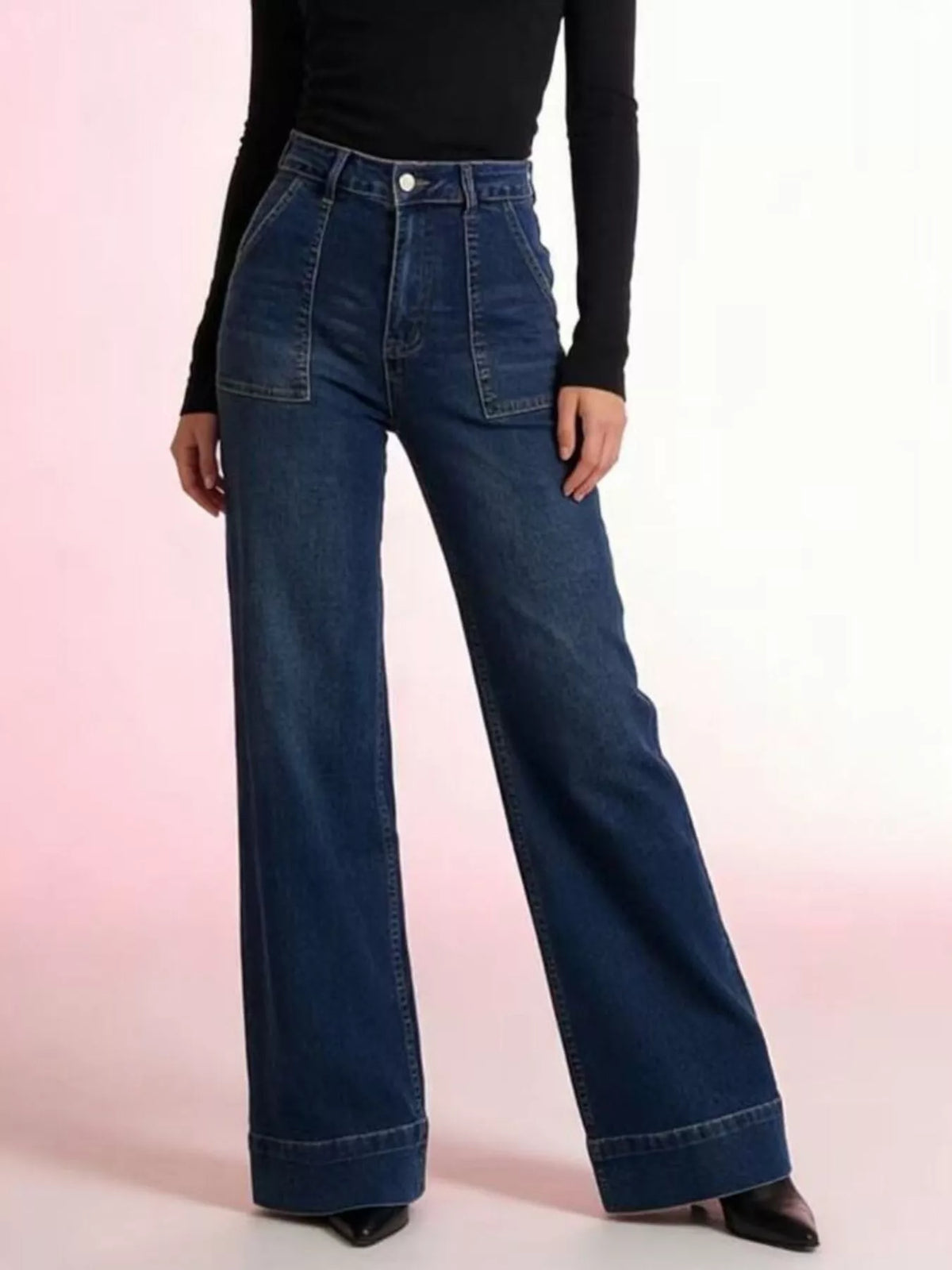 High Waist Patch Pocket Wide Cuff Hem Wide Leg Jeans 6