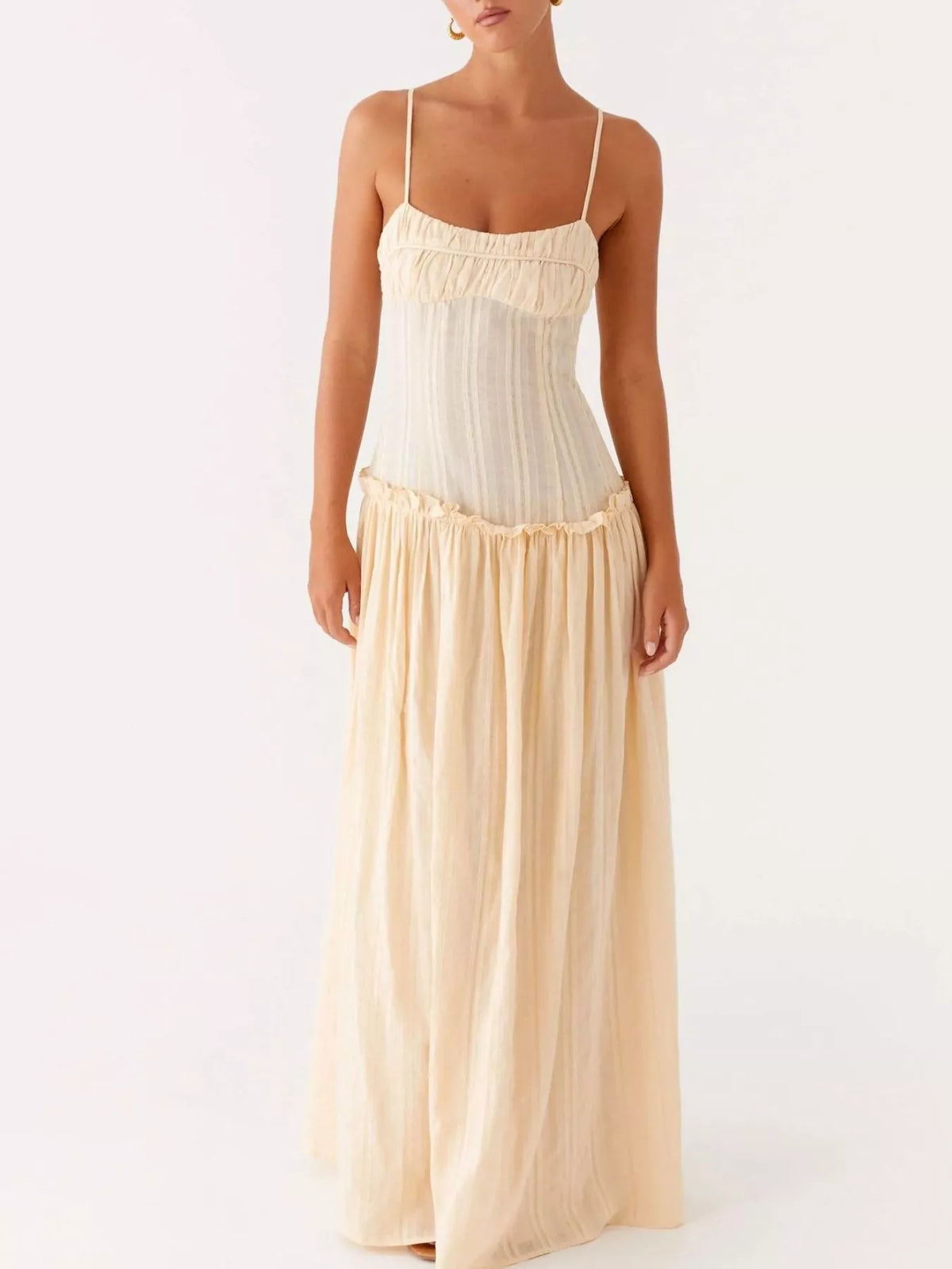 Ruched Bust Drop Waist Ruffle Trim Cami Maxi Dress 29