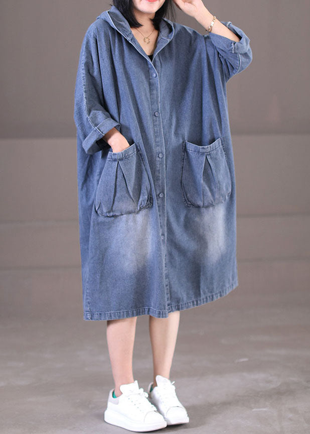 Hooded Denim Button Front Patch Pocket Oversized Long Sleeve Midi Dress