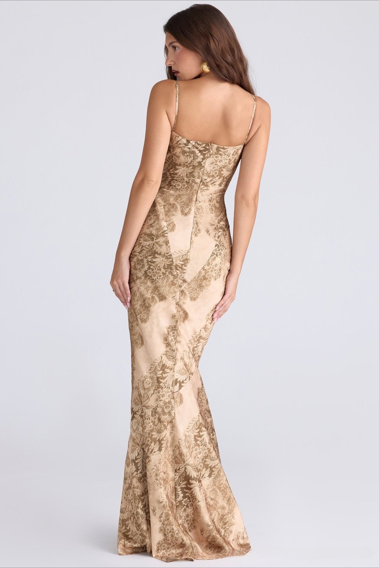 Floral Spaghetti Strap Cowl Neck Mermaid Gown
