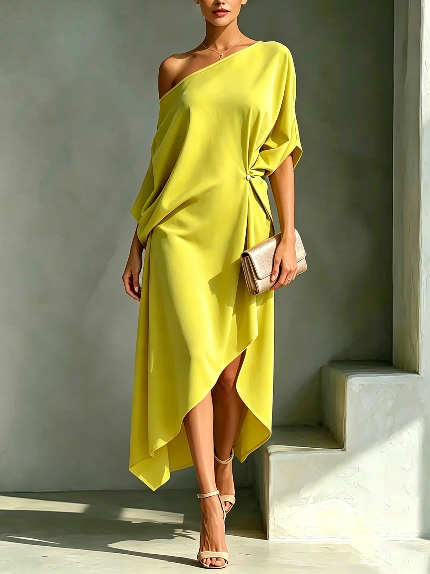 One Shoulder Batwing Sleeve Asymmetric Hem Midi Dress