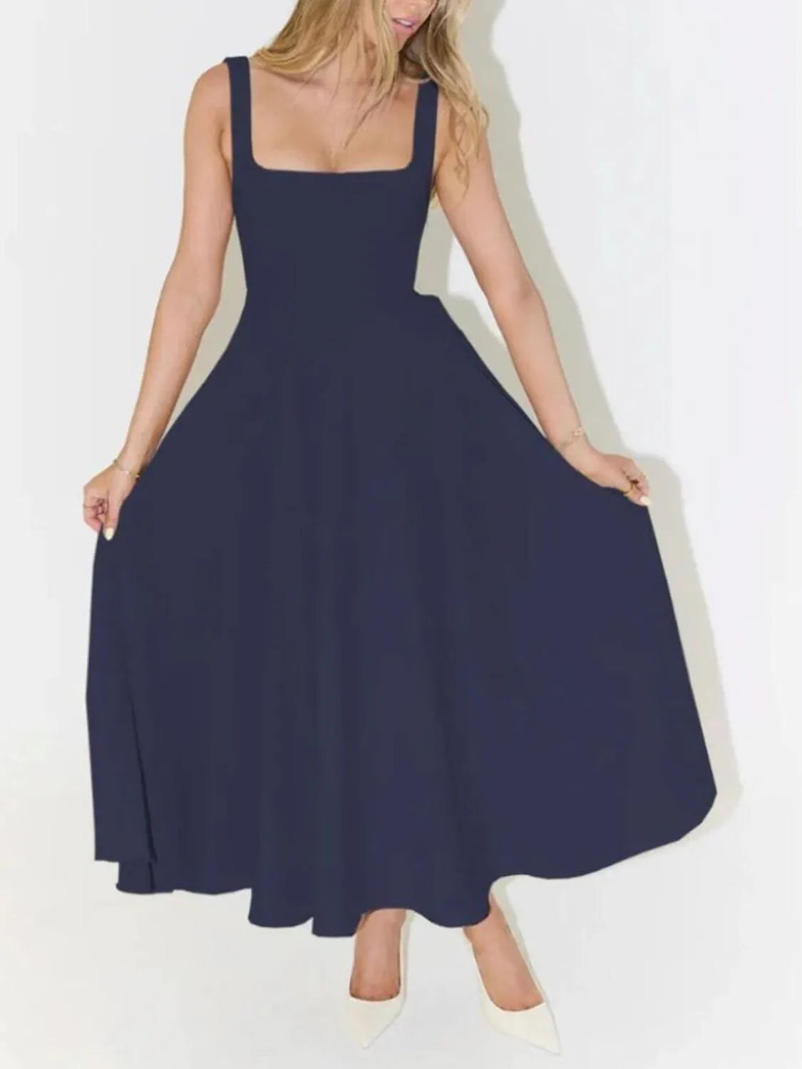 Square Neck Sleeveless Midi Dress Navy Blue