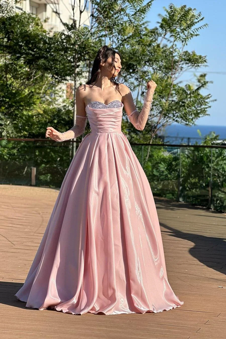 Elegant Pink Satin Beaded Evening Dress Formal Prom Dress With Gloves cc1660
