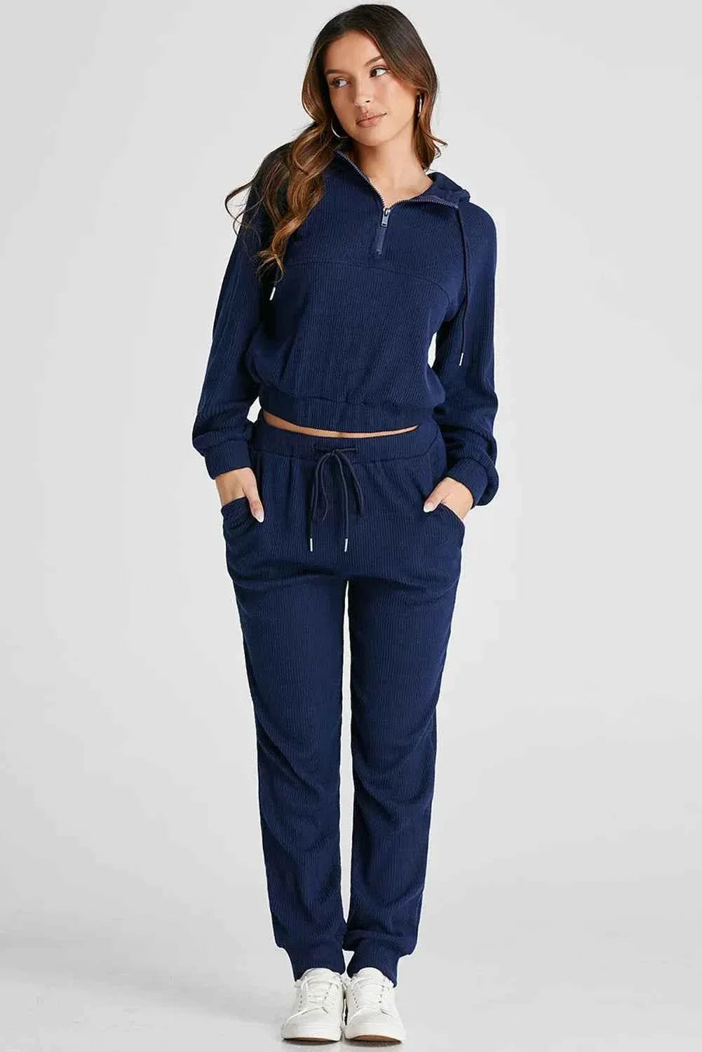 Ribbed Half Zip Cropped Hoodie and Drawstring Joggers Two Piece Set 2